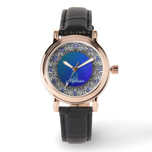 Blauw leer en zwart kant chic monogrammen horloge