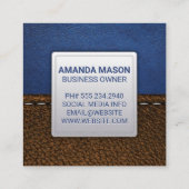 blauw leer | gestikt bruin leder vierkante visitekaartje (Achterkant)