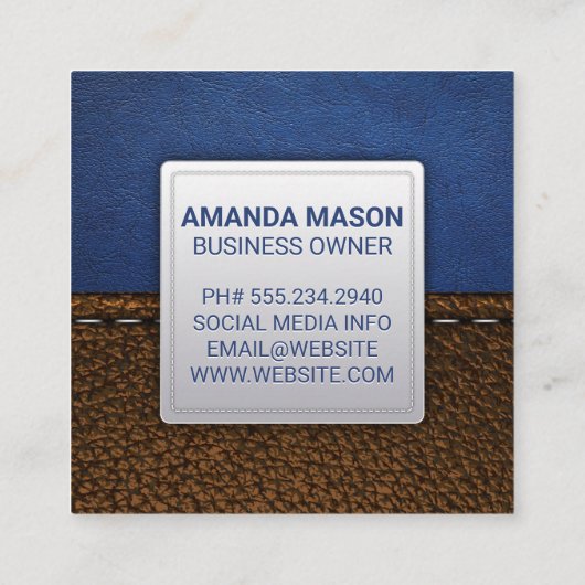 blauw leer | gestikt bruin leder vierkante visitekaartje (Achterkant)
