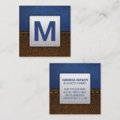 Blauw Leer | Gestikt Bruin Leer Vierkante Visitekaartje (Voorkant / Achterkant)