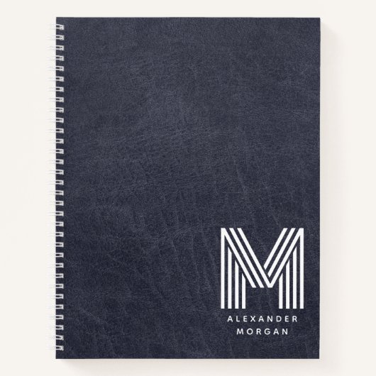 Blauw Leer Professionele Monogram Naam Notitieboek (Voorkant)