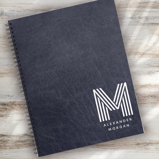 Blauw Leer Professionele Monogram Naam Notitieboek