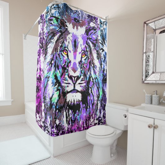 Blauw leeuwenkuithakkergordijn - Lionzijde Douchegordijn (In situ)