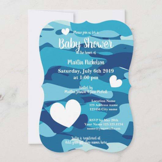 Blauw leger camouflage babyshower uitnodigingen me (Voorkant)
