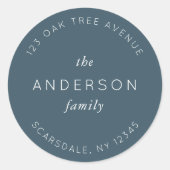 Blauw Leiste Familienaam Retouradres Modern Ronde Sticker (Voorkant)