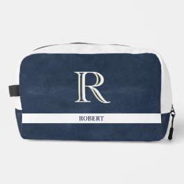 Blauw Leren Textuur Wit Monogram Naam Dopp Kit Toilettasje