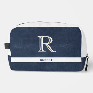 Blauw Leren Textuur Wit Monogram Naam Dopp Kit Toilettasje