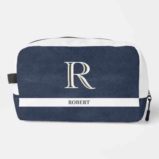 Blauw Leren Textuur Wit Monogram Naam Dopp Kit Toilettasje (Voorkant)