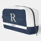 Blauw Leren Textuur Wit Monogram Naam Dopp Kit Toilettasje (Rechterhoek)