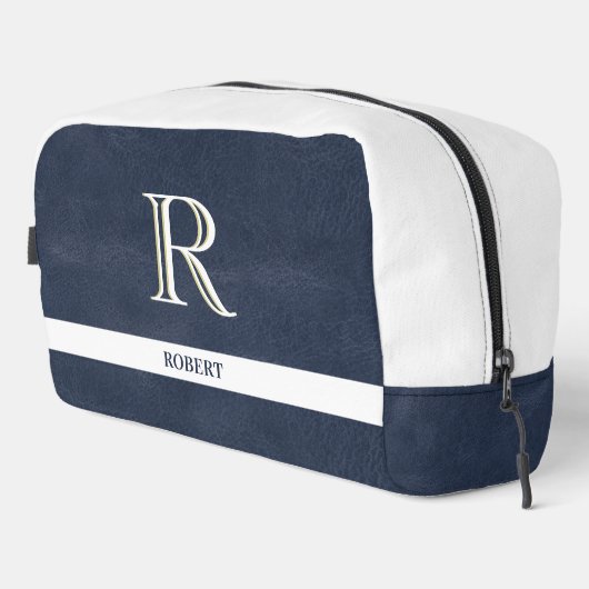 Blauw Leren Textuur Wit Monogram Naam Dopp Kit Toilettasje (Rechterhoek)