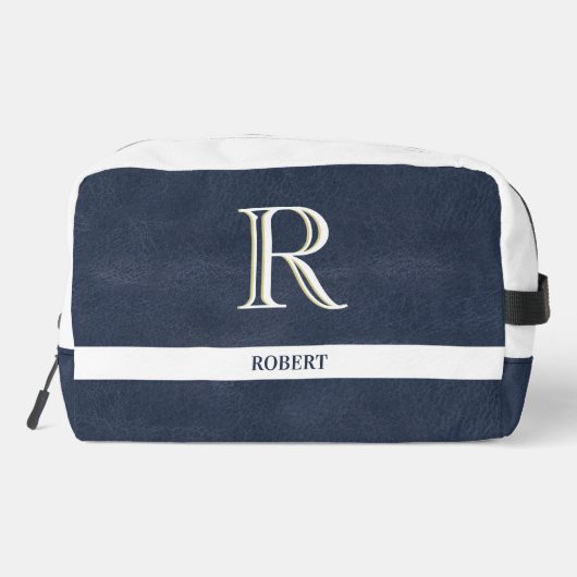 Blauw Leren Textuur Wit Monogram Naam Dopp Kit Toilettasje (Achterkant)