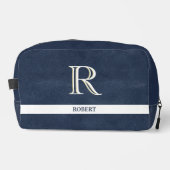 Blauw Leren Textuur Wit Monogram Naam Dopp Kit Toilettasje (Voorkant)