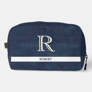 Blauw Leren Textuur Wit Monogram Naam Dopp Kit Toilettasje