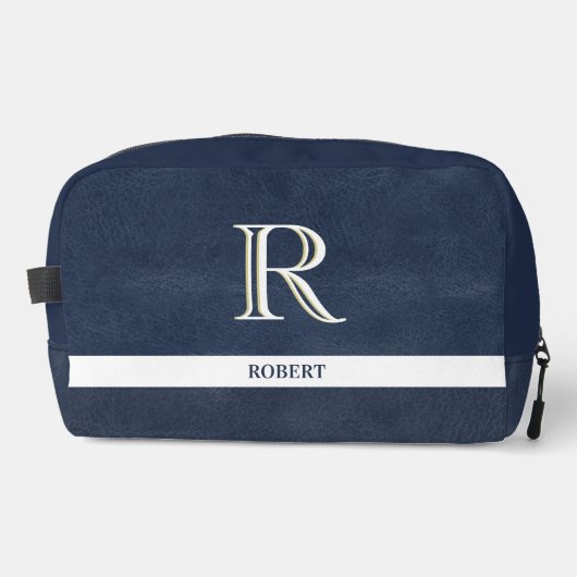 Blauw Leren Textuur Wit Monogram Naam Dopp Kit Toilettasje (Voorkant)