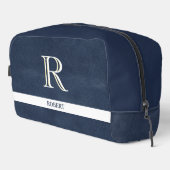 Blauw Leren Textuur Wit Monogram Naam Dopp Kit Toilettasje (Rechterhoek)