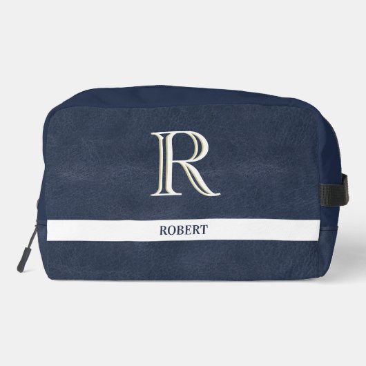 Blauw Leren Textuur Wit Monogram Naam Dopp Kit Toilettasje (Achterkant)