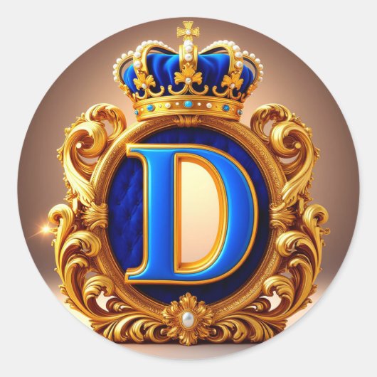 👑 Blauw Letter D Kroon Monogram Ronde Sticker (Voorkant)