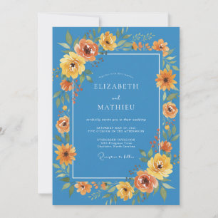 Blauw Levendig Bloemendesign voor Lente Bruiloft Kaart
