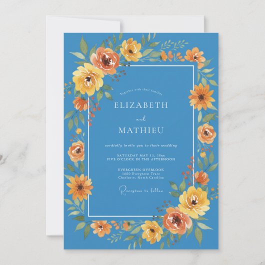 Blauw Levendig Bloemendesign voor Lente Bruiloft Kaart (Voorkant)