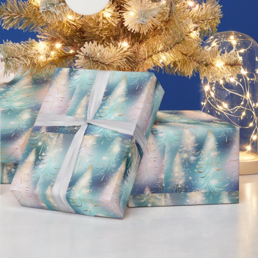 Blauw Licht Bomen Modern Kerstfeest Cadeaupapier (Feestdagen)