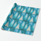 Blauw licht bomen moderne kerst cadeaupapier (Uitgerold)