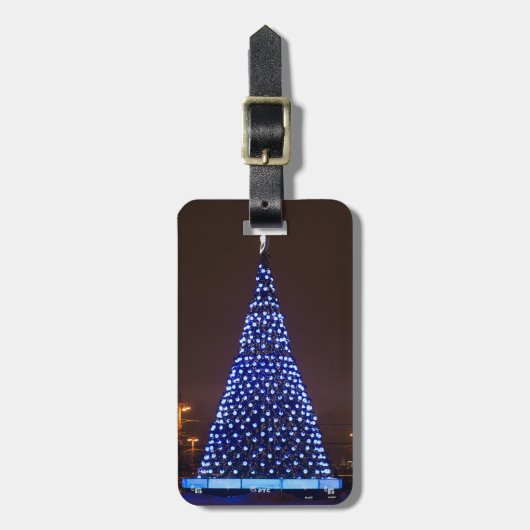 Blauw licht kerstboom bagagelabel (Voorkant verticaal)