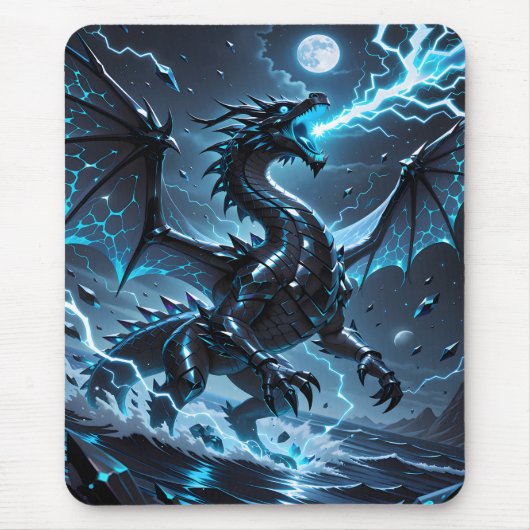 Blauw Licht Zwart Draak Storm Fantasie Gaming Muismat (Voorkant)
