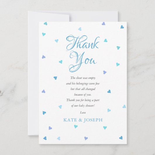 Blauw liefdeshartjes babyshower dankgedicht bedankkaart (Voorkant)