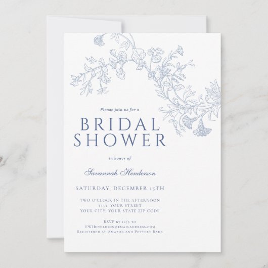 blauw lijn getekend bloemig Vrijgezellenfeest Kaart (Voorkant)