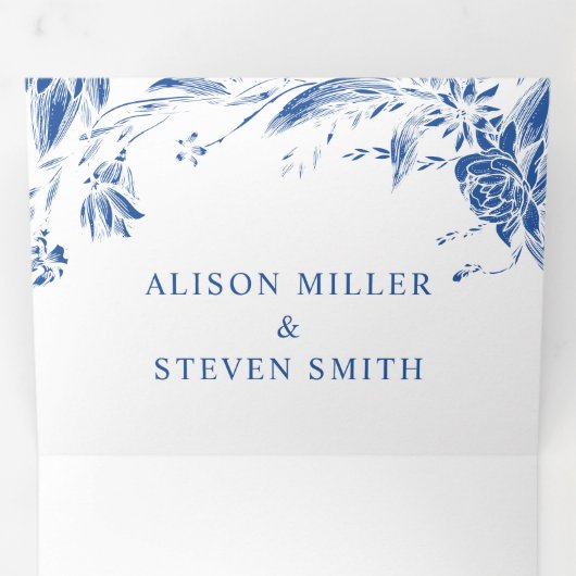  blauw lijn kunst bloemen foto bruiloft drieluik uitnodiging (Binnenzijde eerst)