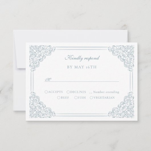  Blauw Lijst Elegant Script Wedding RSVP Kaartje (Voorkant)