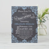 Blauw  lijst en krijtbord baby shower kaart (Staand voorkant)