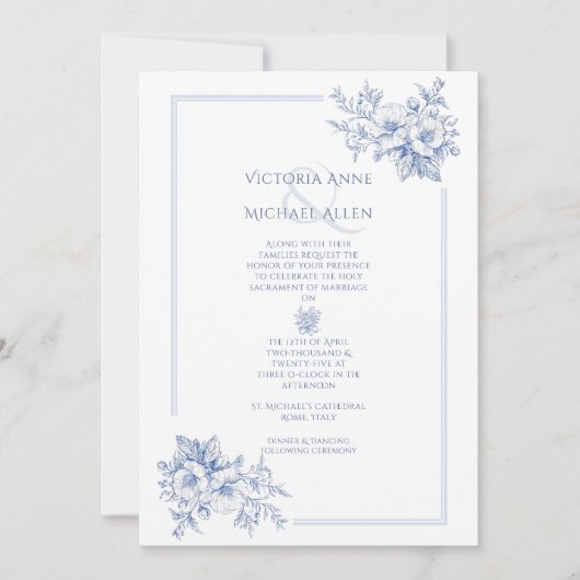  Blauw Lijst Floral Elegant Huwelijk Kaart (Voorkant)