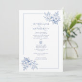  Blauw Lijst Floral Elegant Huwelijk Kaart (Staand voorkant)