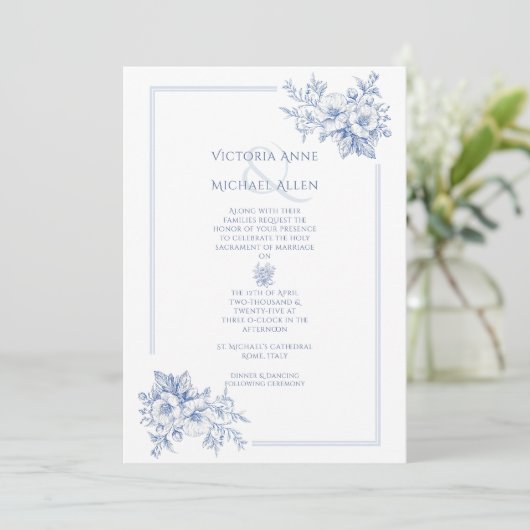  Blauw Lijst Floral Elegant Huwelijk Kaart (Staand voorkant)