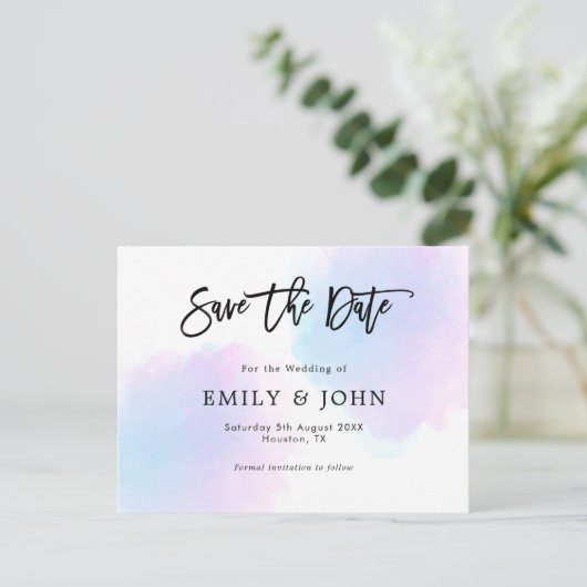 Blauw/Lila Waterverf/Script Wedding Sla de datum o Briefkaart (Staand voorkant)