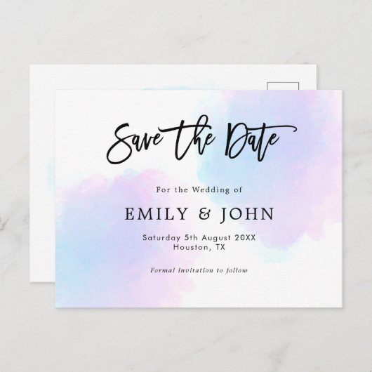 Blauw/Lila Waterverf/Script Wedding Sla de datum o Briefkaart (Voorkant / Achterkant)