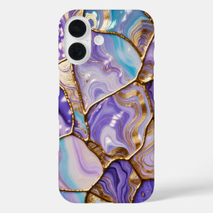 Blauw Lilac Marmer Hoestelcase Goud Luxe iPhone 16 Hoesje