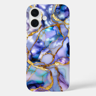 Blauw Lilac Marmer Hoestelcase Goud Luxe iPhone 16 Hoesje