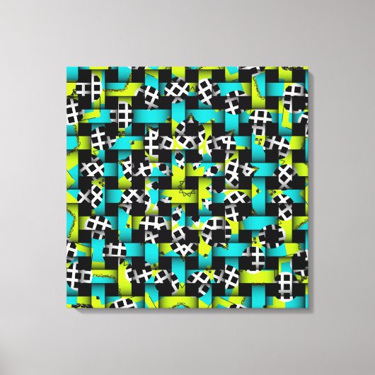Blauw lime groen zwart wit vierkant cirkel weefsel canvas afdruk (Voorkant)