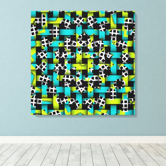 Blauw lime groen zwart wit vierkant cirkel weefsel canvas afdruk (Insitu (Houten vloer))