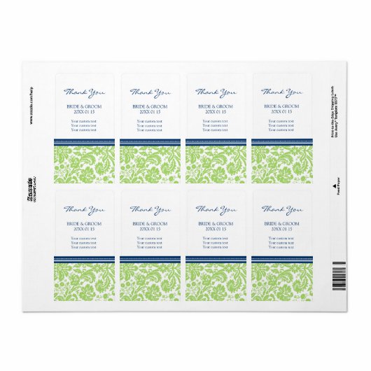 Blauw Limoen Damask Patroon Bruiloft Labels (Full Sheet)