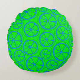 Blauw Limoen Lemon Patroon met Neon Green Backgrou Rond Kussen