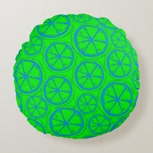 Blauw Limoen Lemon Patroon met Neon Green Backgrou Rond Kussen
