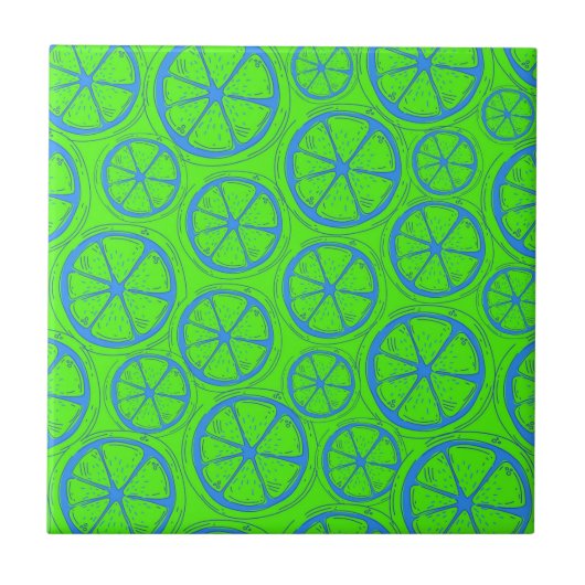 Blauw Limoen Lemon Patroon met Neon Green Backgrou Tegeltje (Voorkant)
