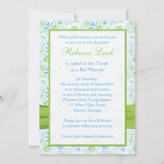 Blauw, Limoen, witte Floral met Limoen Faux-lint Kaart (Achterkant)