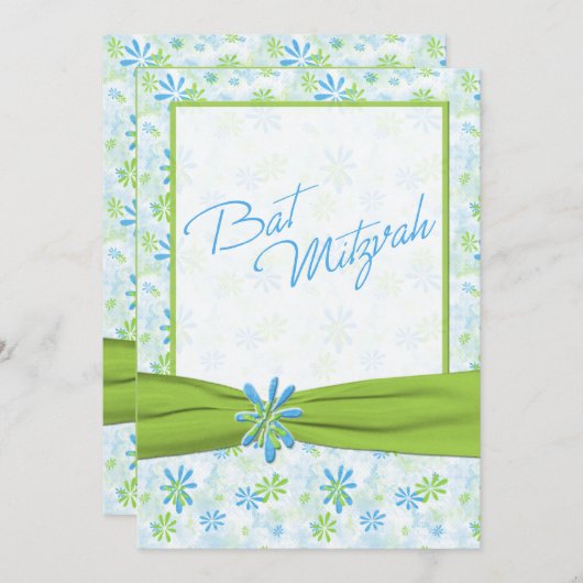 Blauw, Limoen, witte Floral met Limoen Faux-lint Kaart (Voorkant / Achterkant)