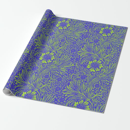   blauw limoengroen bloemmotief cadeaupapier (Uitgerold)