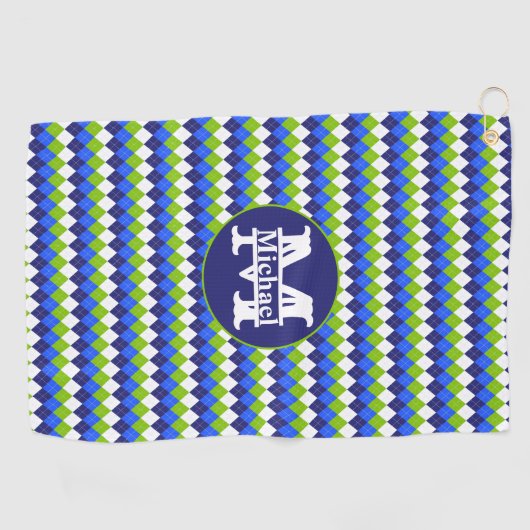 Blauw, limoengroen en wit argyle met monogram golfhanddoek (Horizontaal)