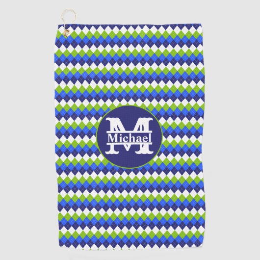 Blauw, limoengroen en wit Argyll met monogram Golfhanddoek (Voorkant)